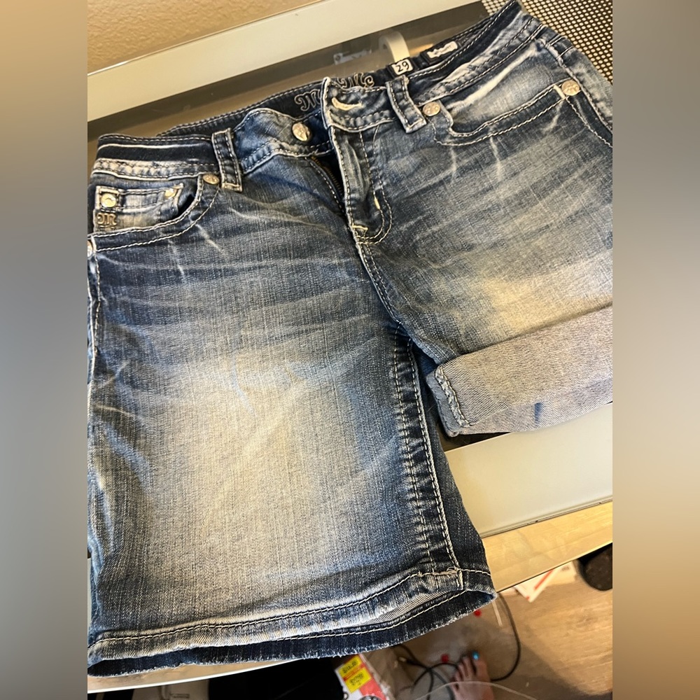Miss Me Distressed Embellished Denim Shorts - size 29 / 6 inch inseam unrolled